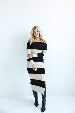 Bold Striped Off - Shoulder Midi Dress - Final Sale - Ardire Collection