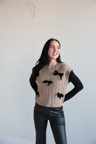 Bow - Embellished Cable Knit Sweater Vest - Final Sale - Ardire Collection