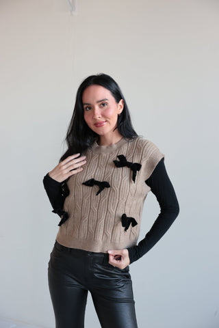 Bow - Embellished Cable Knit Sweater Vest - Final Sale - Ardire Collection