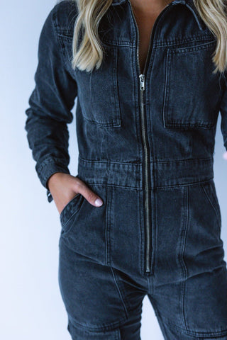 Charcoal Utility Denim Jumpsuit - Final Sale - Ardire Collection