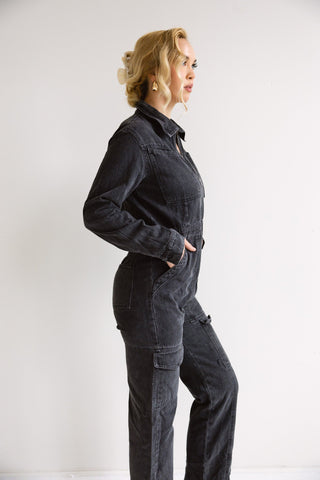 Charcoal Utility Denim Jumpsuit - Final Sale - Ardire Collection