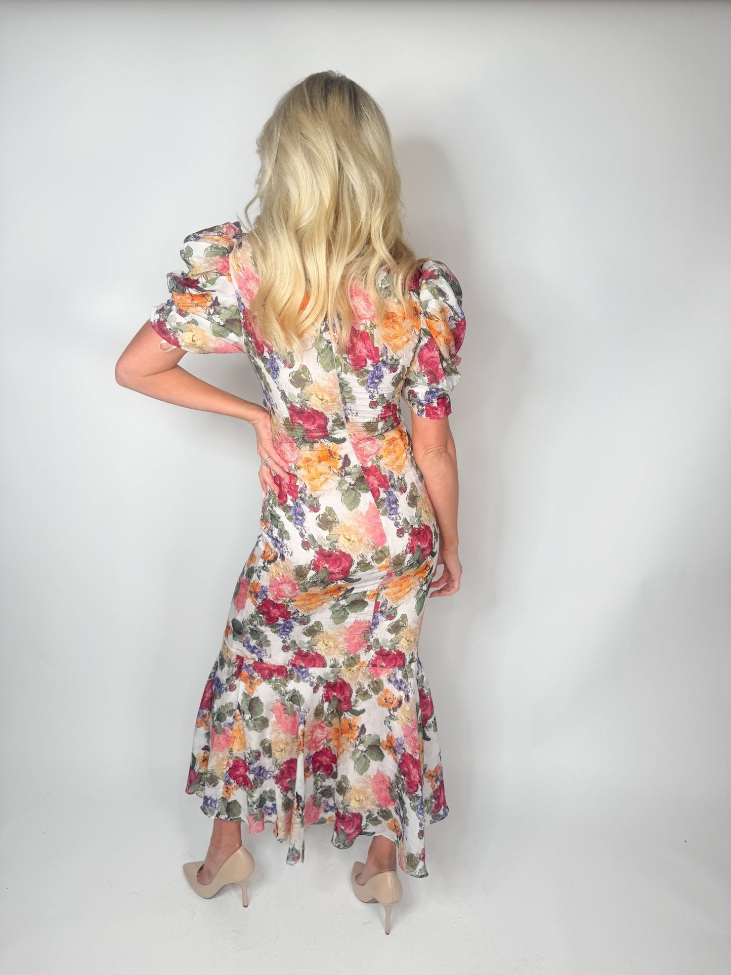 Floral Charm Puff Sleeve Midi Dress - Ardire Collection