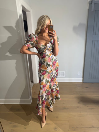 Floral Charm Puff Sleeve Midi Dress - Ardire Collection