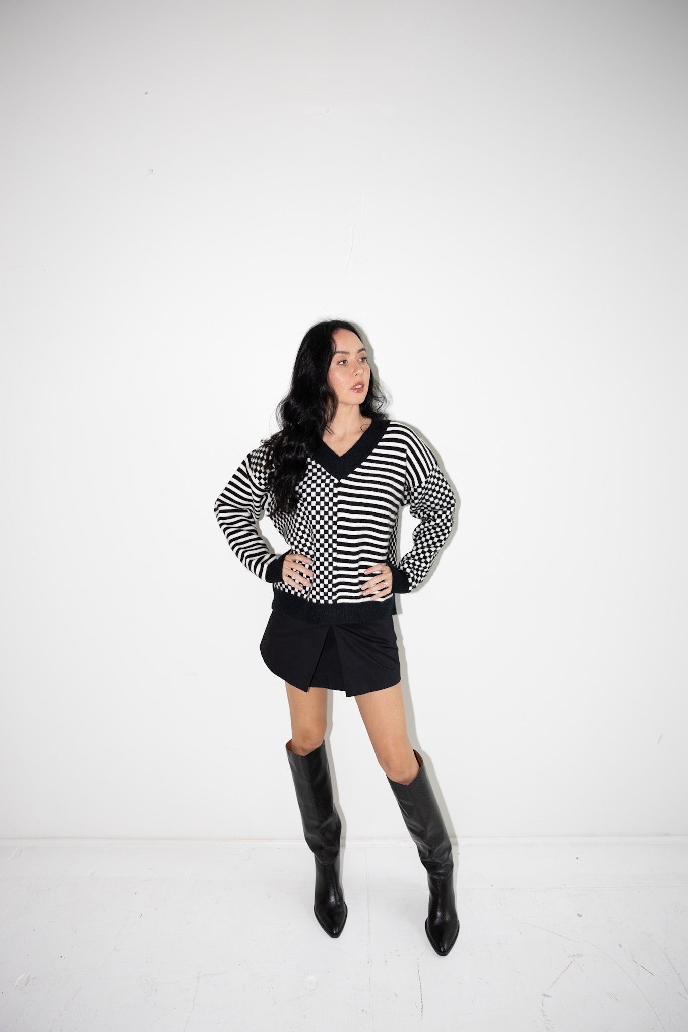 Graphic Checkered & Striped V - Neck Sweater - Final Sale - Ardire Collection