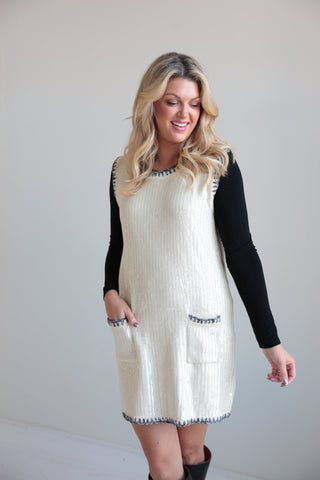 Ivory Sequin Sleeveless Shift Dress - Final Sale - Ardire Collection