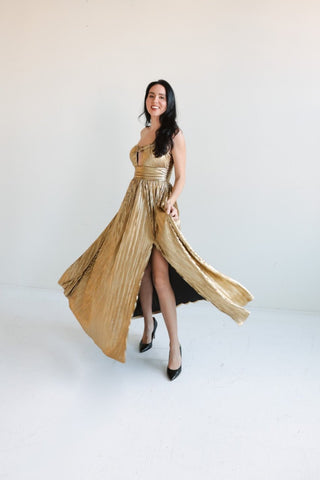 Metallic Gold Pleated Maxi Dress - Final Sale - Ardire Collection