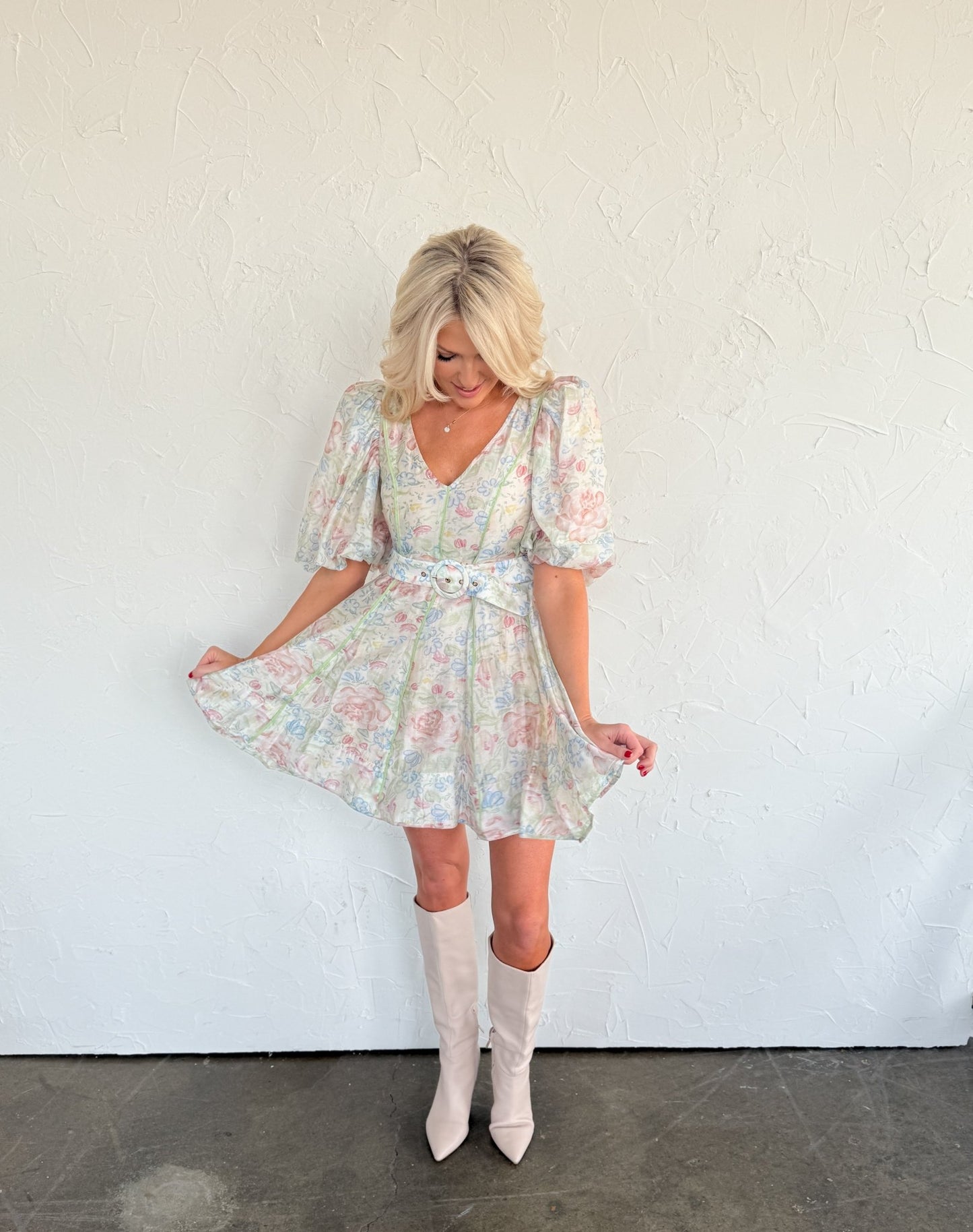 Pastel Floral Belted Mini Dress - Ardire Collection