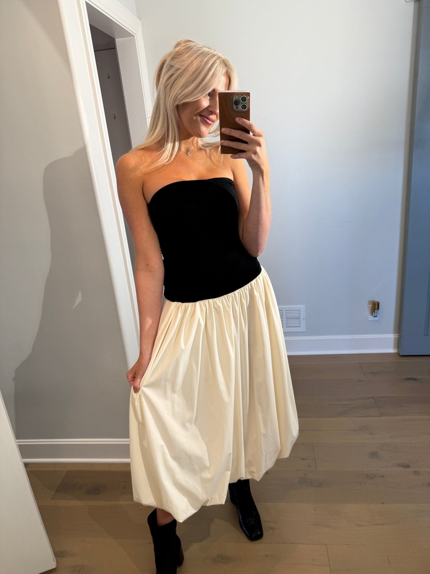 Strapless Bubble Hem Midi Dress - Ardire Collection