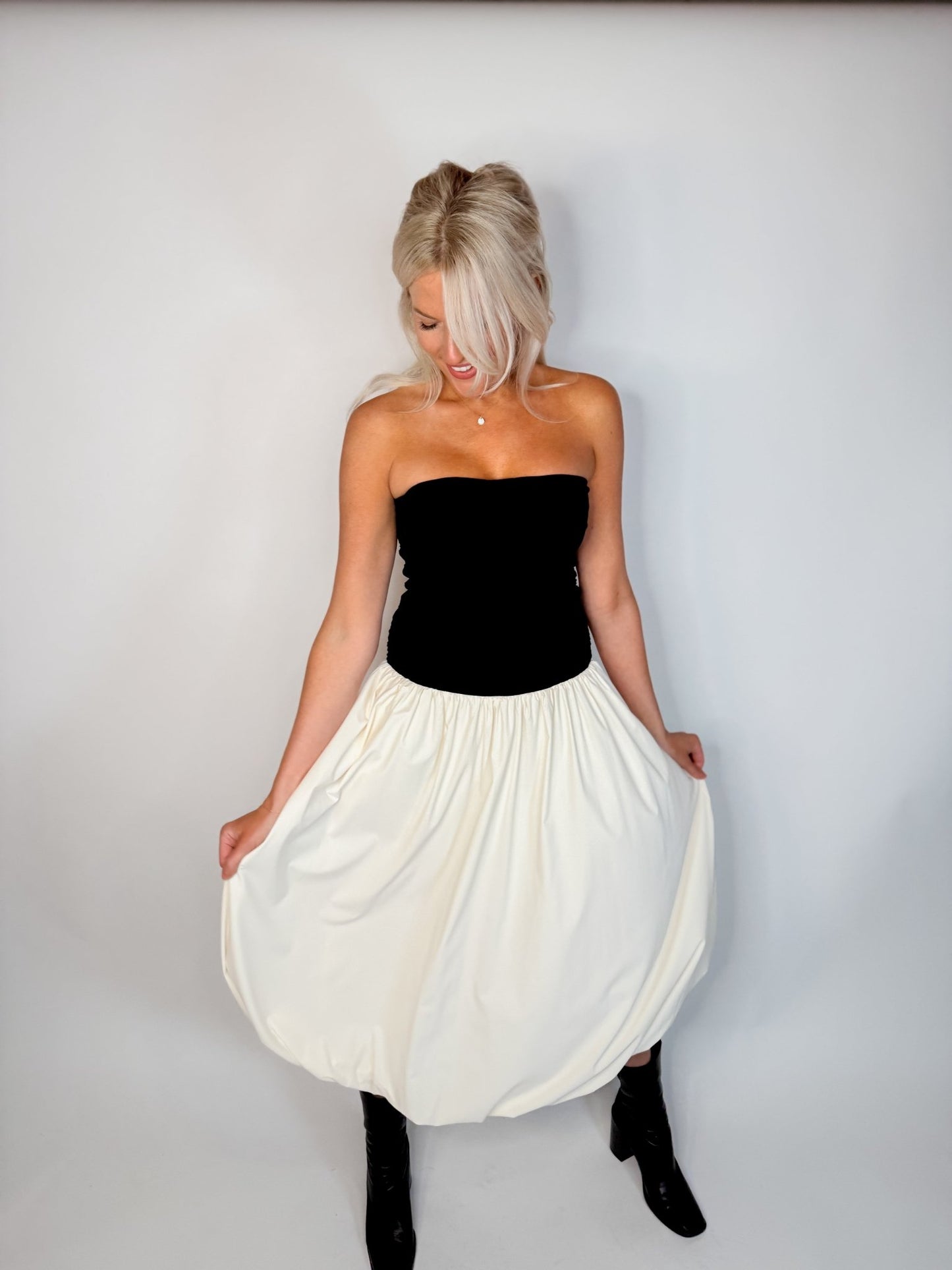 Strapless Bubble Hem Midi Dress - Ardire Collection