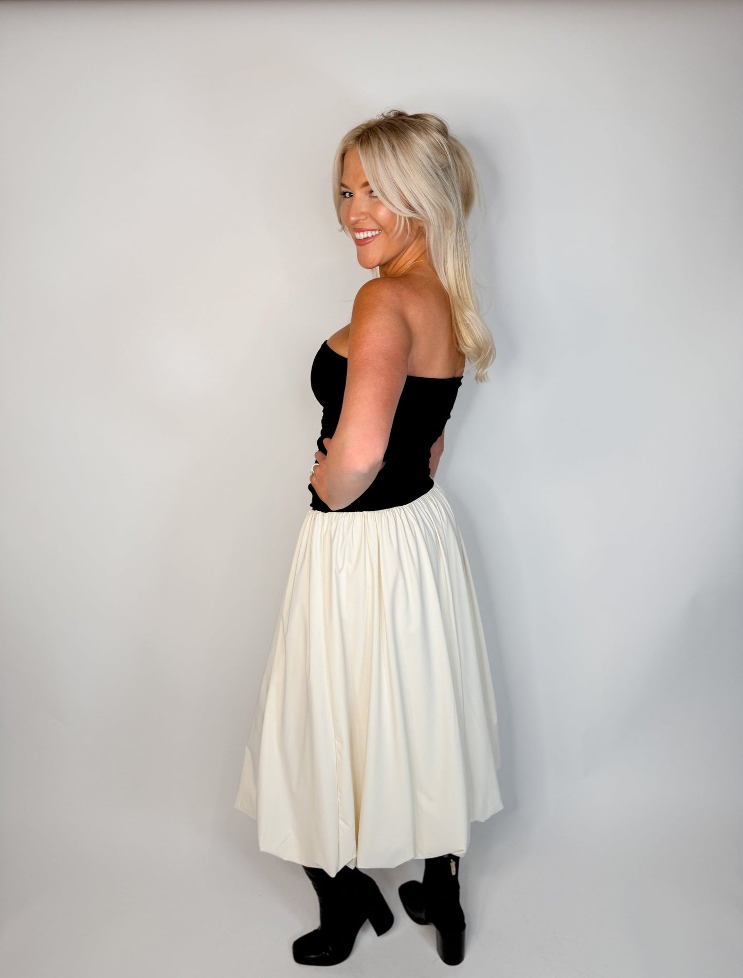 Strapless Bubble Hem Midi Dress - Ardire Collection