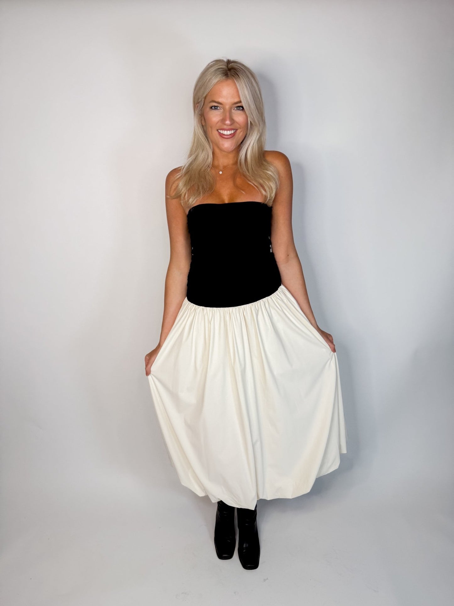 Strapless Bubble Hem Midi Dress - Ardire Collection