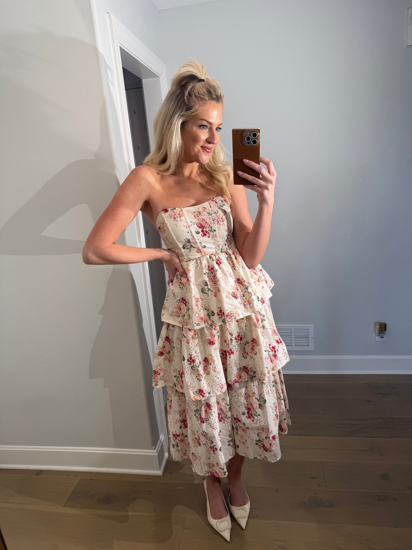 Floral Cascade Strapless Dress