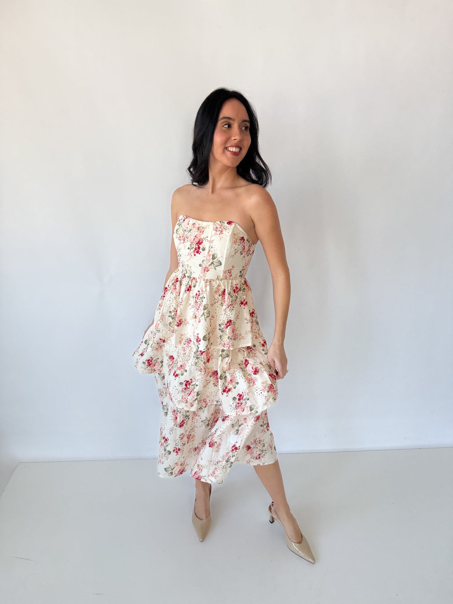 Floral Cascade Strapless Dress