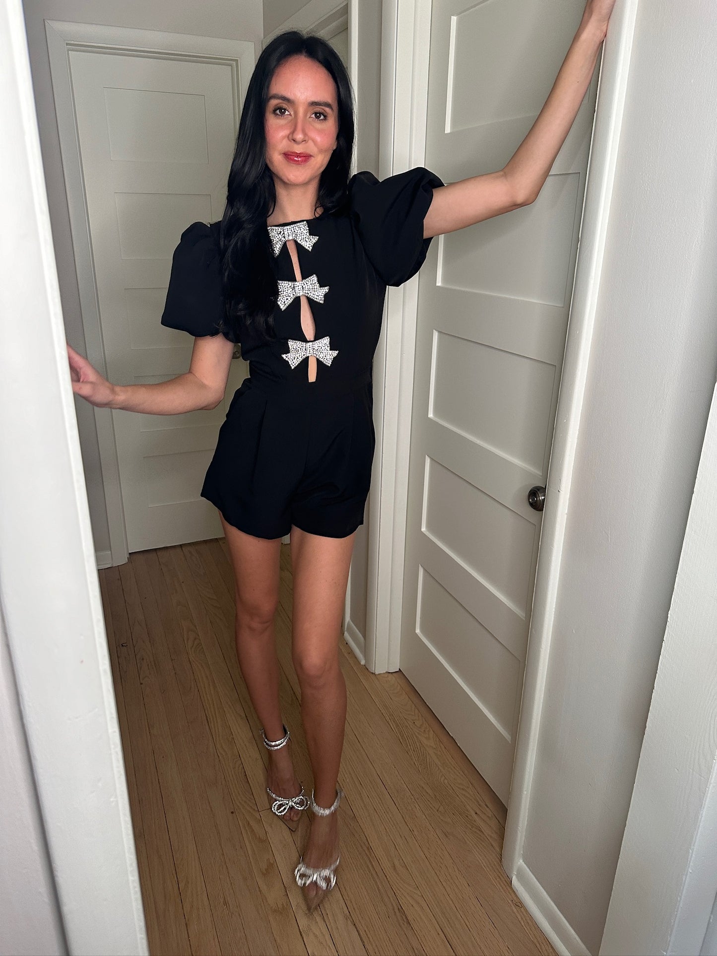 Elegant Black Rhinestone Bow Romper-Final Sale