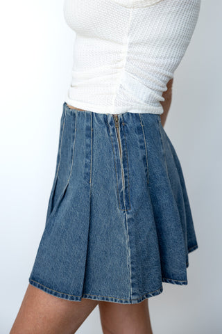 The Collins Pleated Denim Mini Skirt