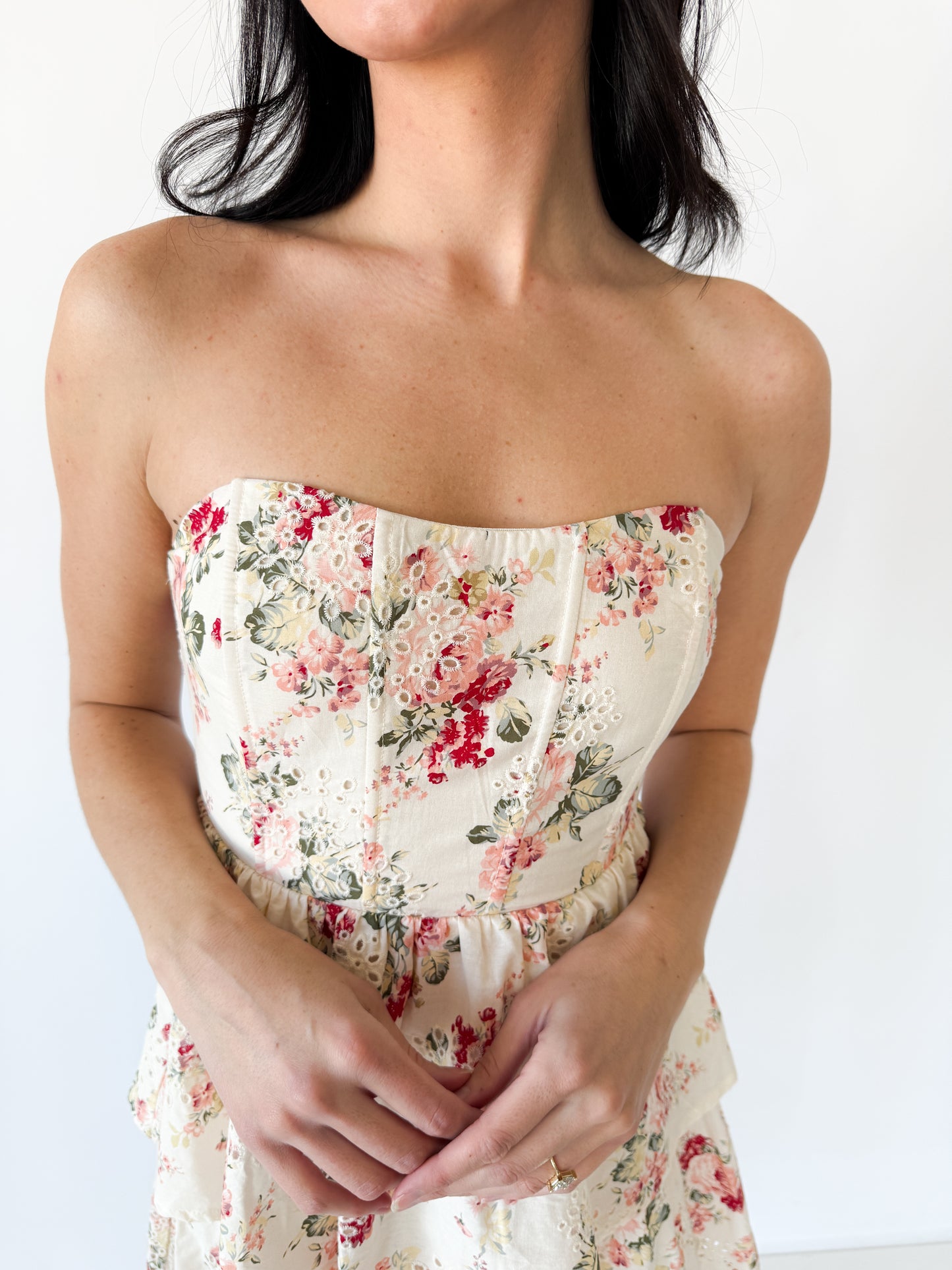 Floral Cascade Strapless Dress
