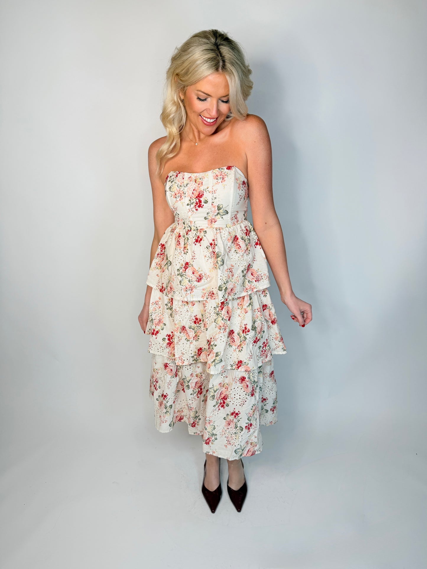 Floral Cascade Strapless Dress