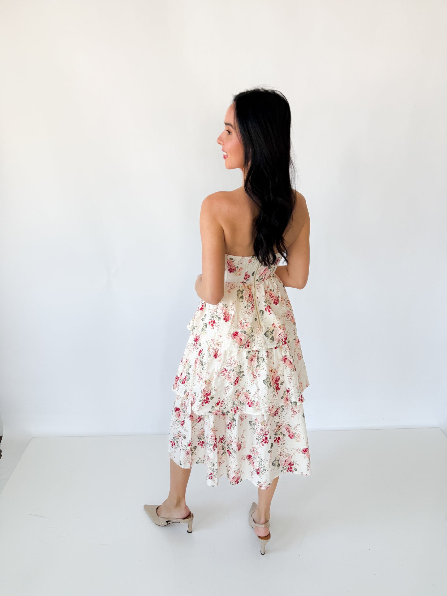 Floral Cascade Strapless Dress