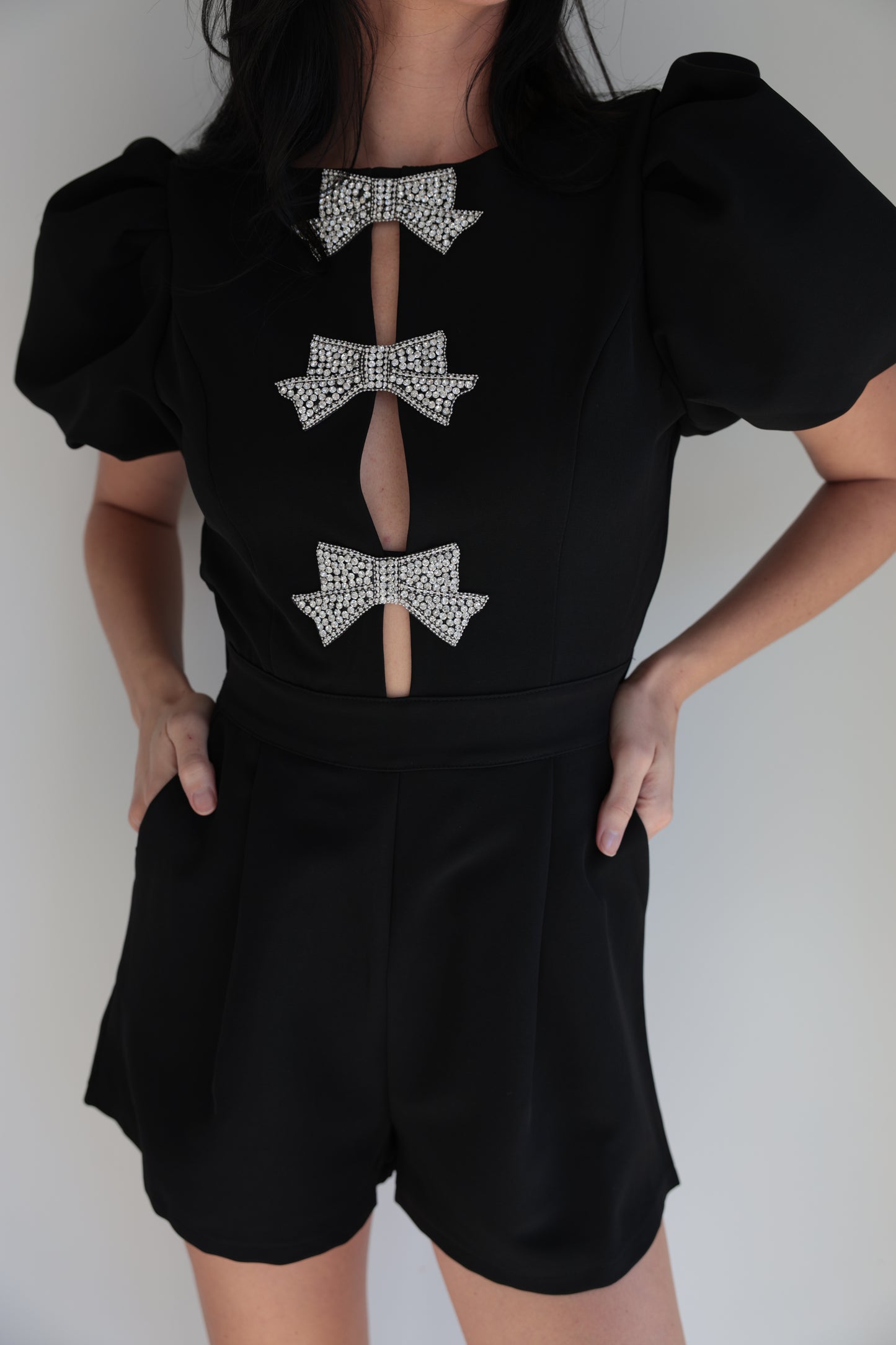 Elegant Black Rhinestone Bow Romper-Final Sale