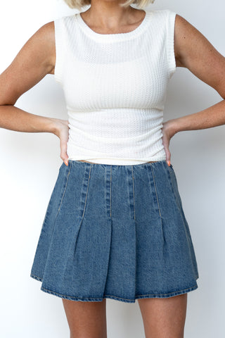 The Collins Pleated Denim Mini Skirt