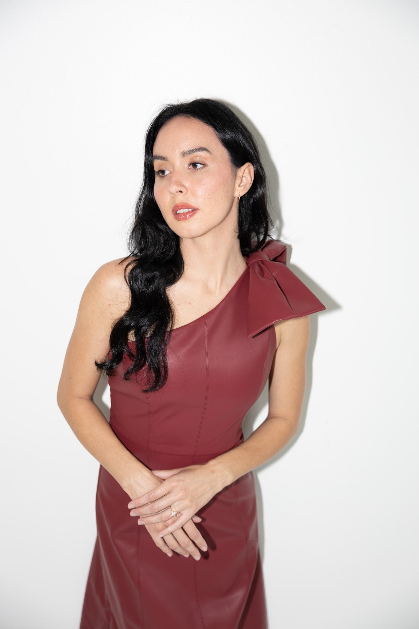 red faux leather midi dress LIKE LIQUID FAUX LEATHER MIDI DRESS
