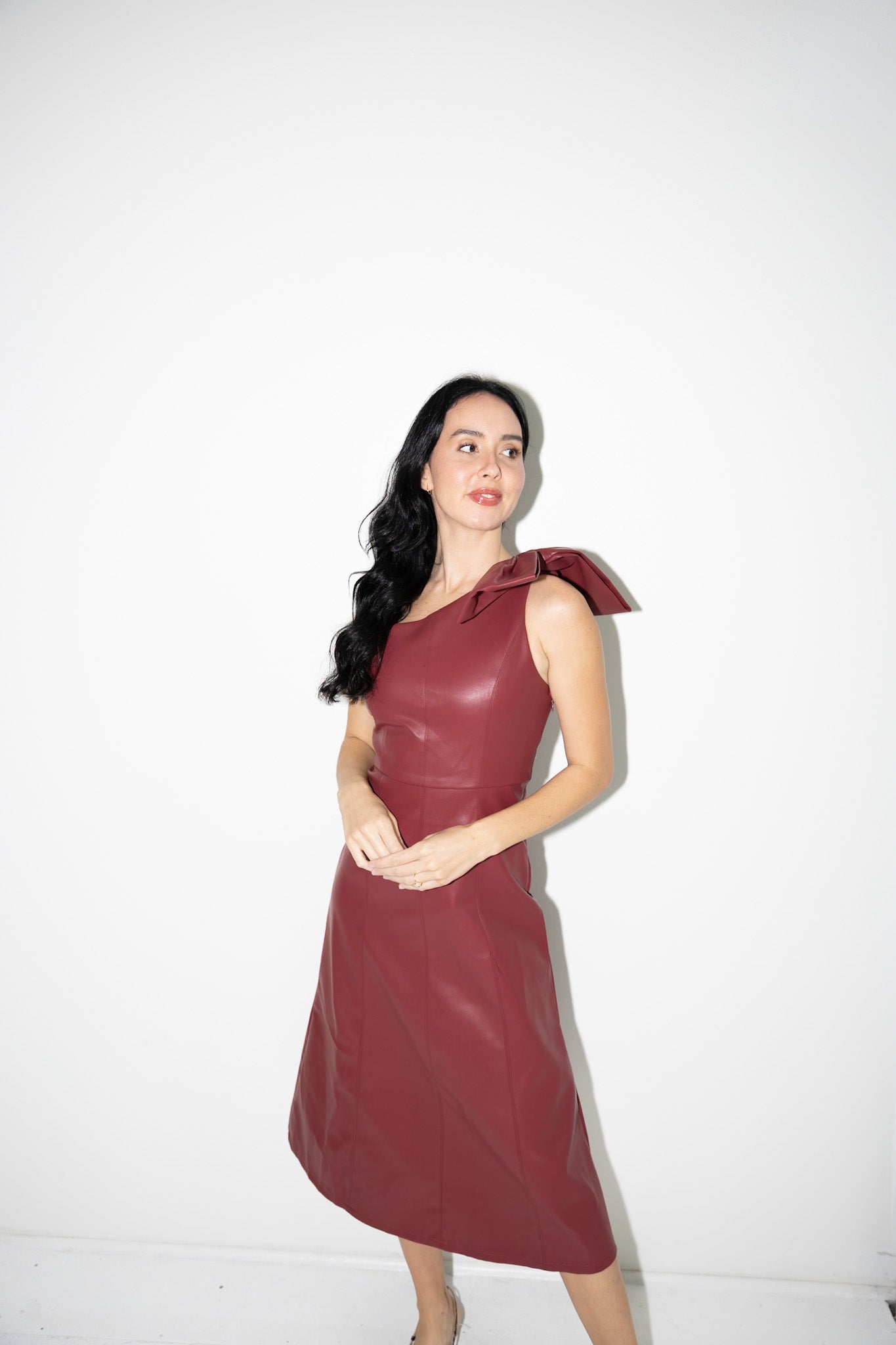 Asymmetrical Faux Leather Midi Dress L