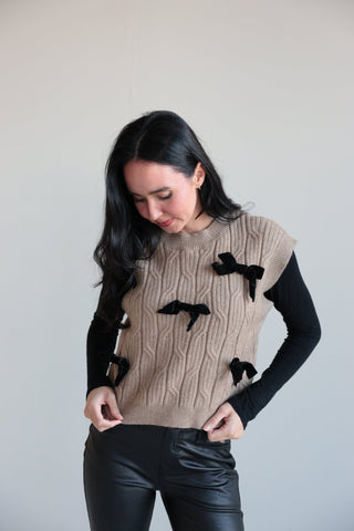 Bow - Embellished Cable Knit Sweater Vest - Final Sale - Ardire Collection