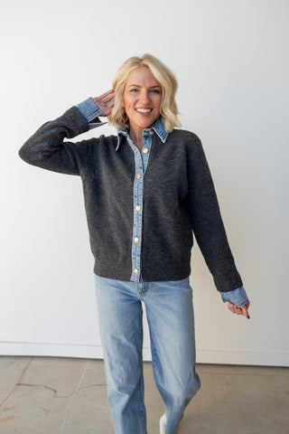 Denim Collar Contrast Knit Cardigan - Ardire Collection