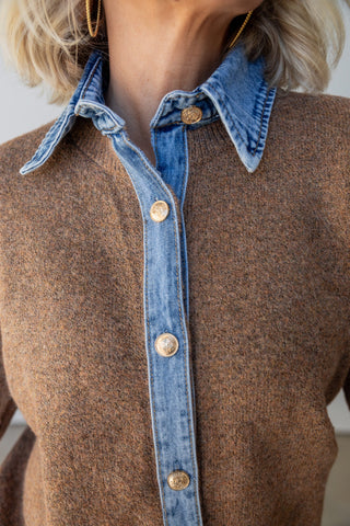 Denim Collar Contrast Knit Cardigan - Ardire Collection