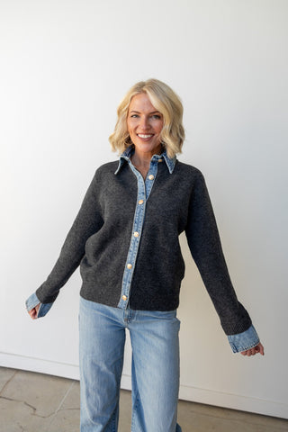 Denim Collar Contrast Knit Cardigan - Ardire Collection