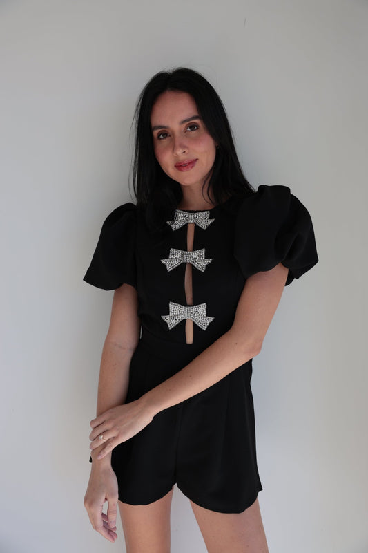 Elegant Black Rhinestone Bow Romper - Final Sale - Ardire Collection