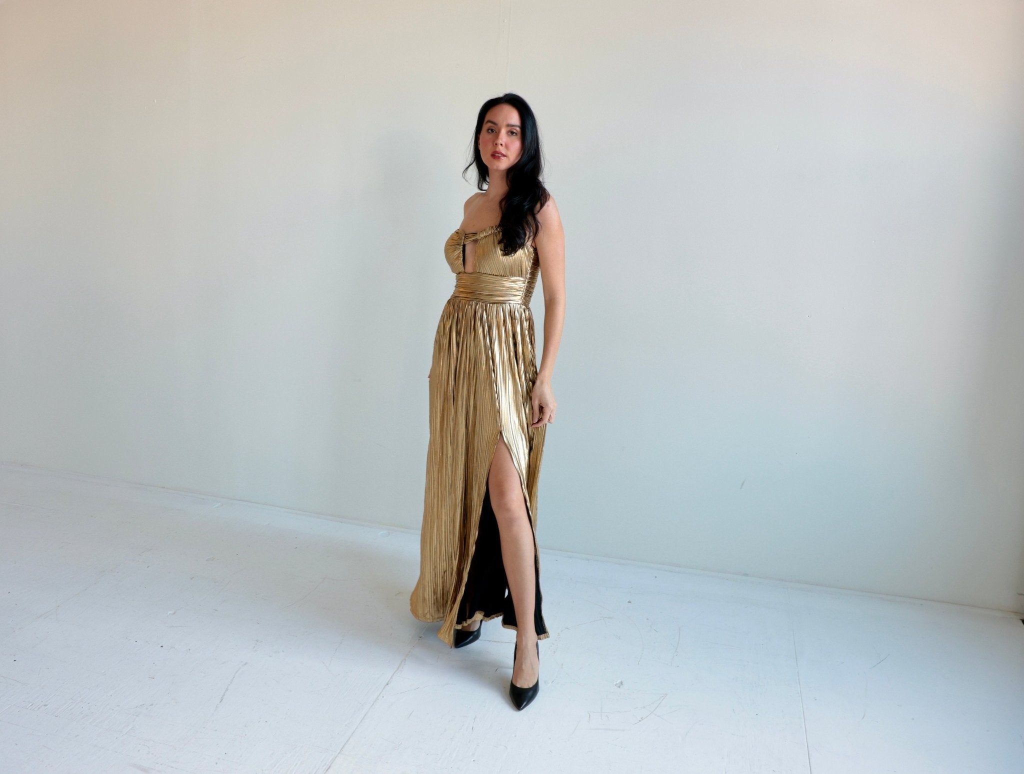 Metallic Gold Pleated Maxi Dress M