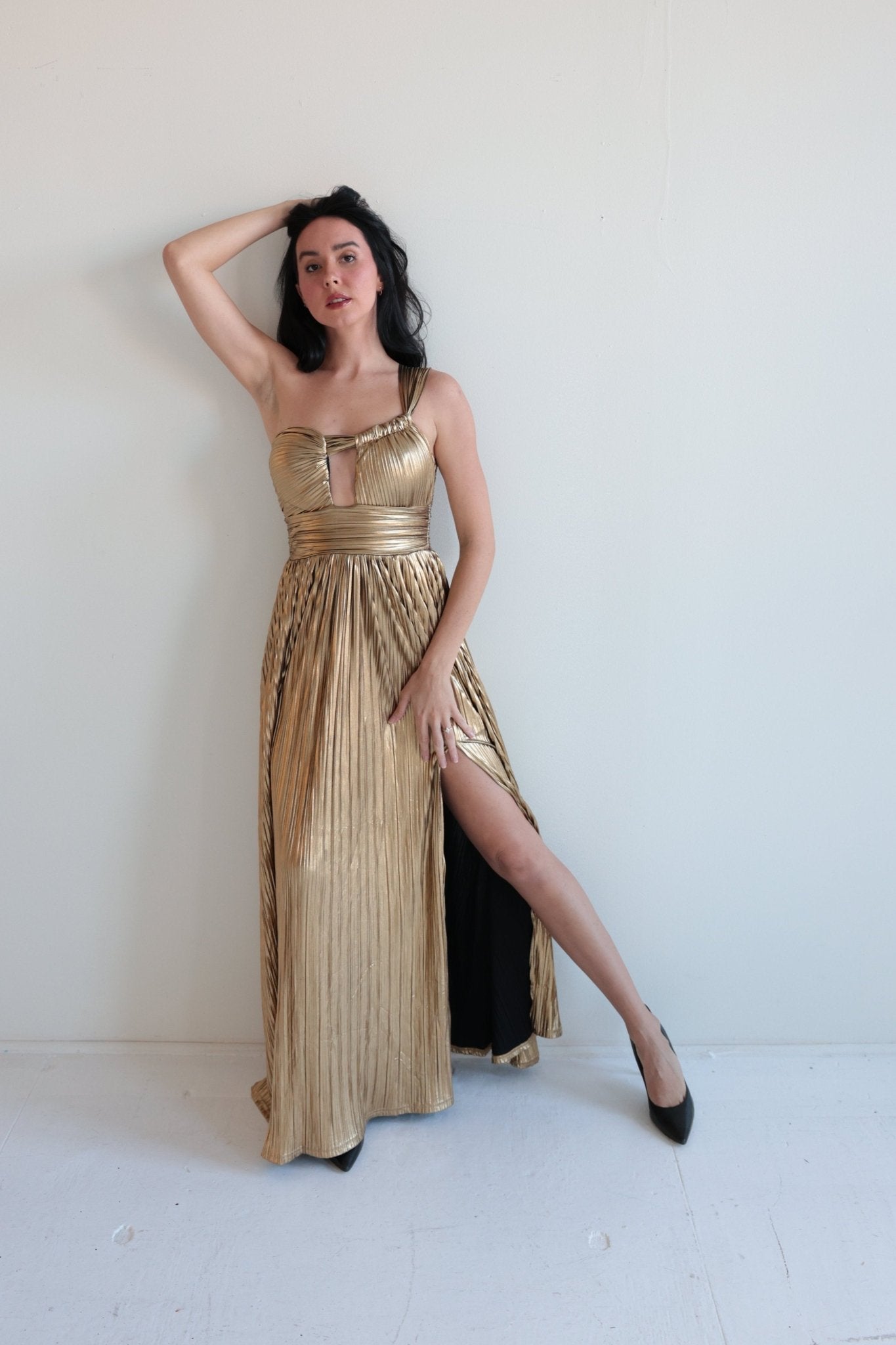 Metallic Gold Pleated Maxi Dress Ardire Collection Metallic Gold Pleated Maxi Dress Ardire Collection