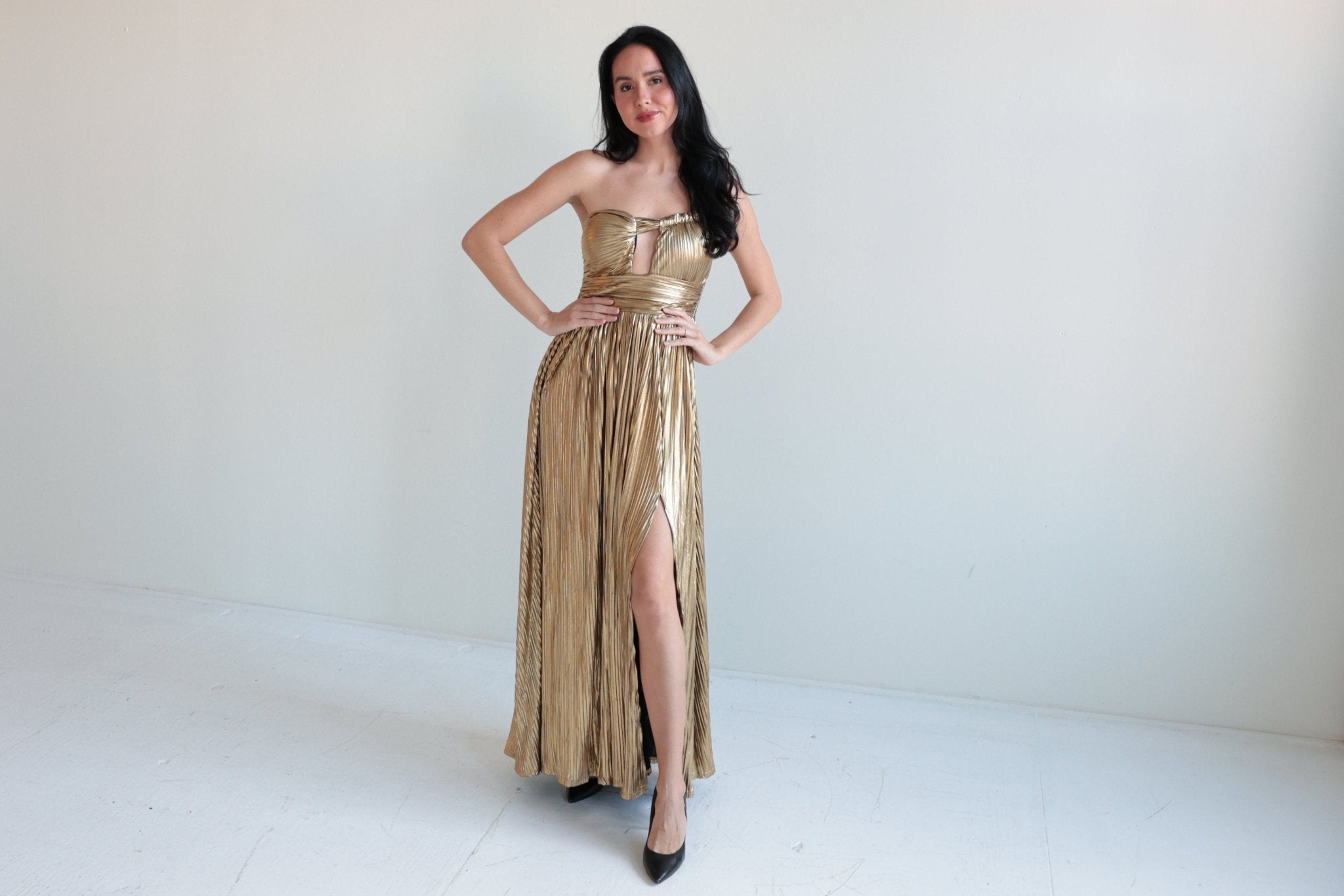 Metallic Gold Pleated Maxi Dress Ardire Collection Metallic Gold Pleated Maxi Dress Ardire Collection