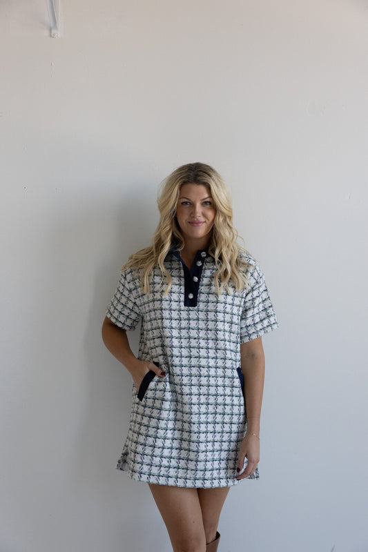 Navy Trim Tweed Polo Dress - Ardire Collection