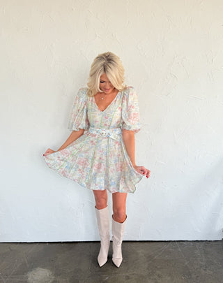 Pastel Floral Belted Mini Dress - Ardire Collection