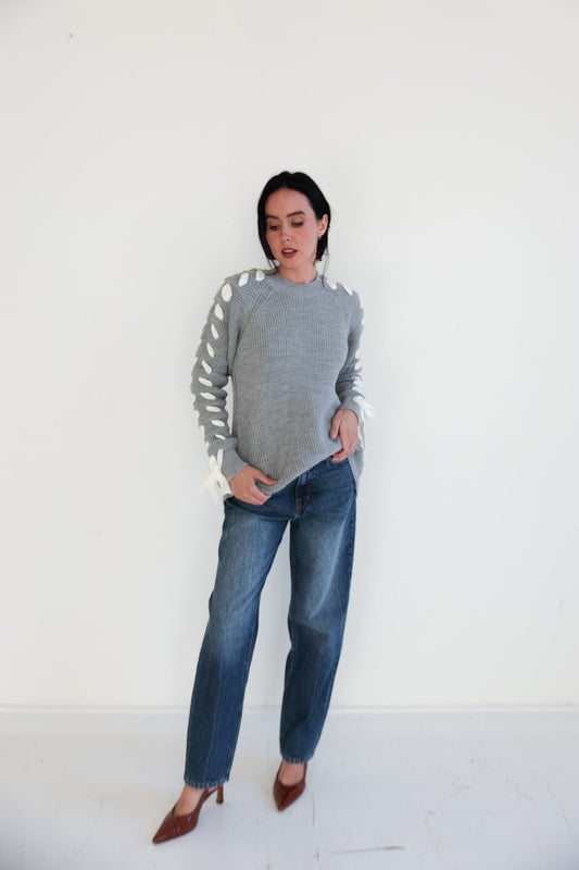 Ribbon Lace - Up Sleeve Knit Sweater - Final Sale - Ardire Collection