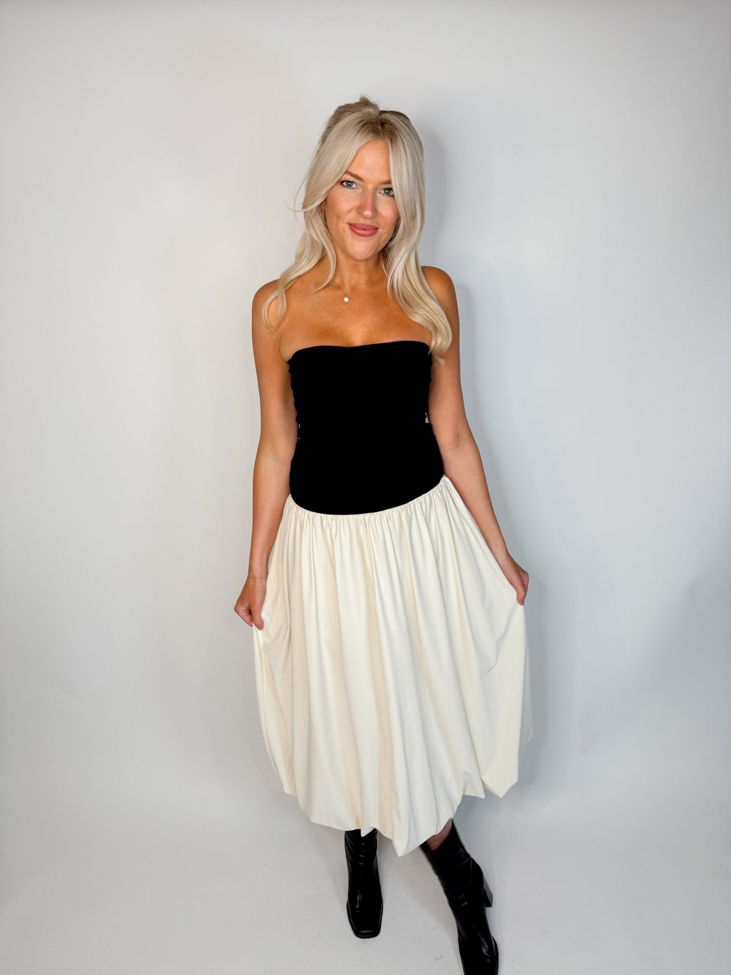 Strapless Bubble Hem Midi Dress - Ardire Collection
